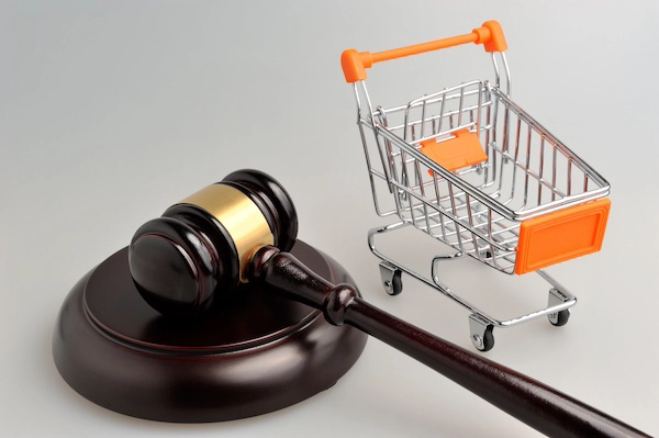 Consumer law Hammer of judge and pushcart on gray background